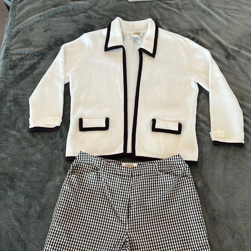 🎉Host Pick 2x🎉Talbots White Open Front Cardigan w/Brown Pipping Small Petite - Picture 11 of 11